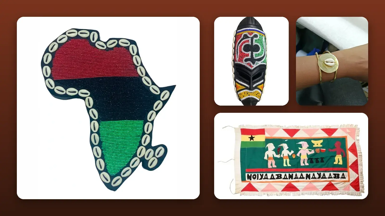 Eleven handmade gifts for UK Black History Month, from a 35 GBP cowrie cuff to a hand stitched Fante Asafo flag, each…
