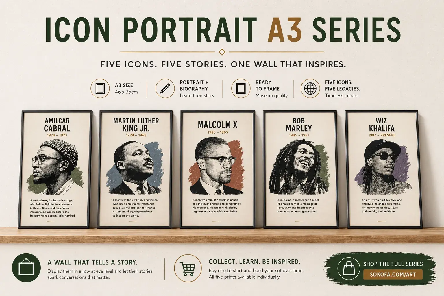 Five A3 portrait prints, each paired with a short biography: Amilcar Cabral, Martin Luther King Jr, Malcolm X, Bob Ma…