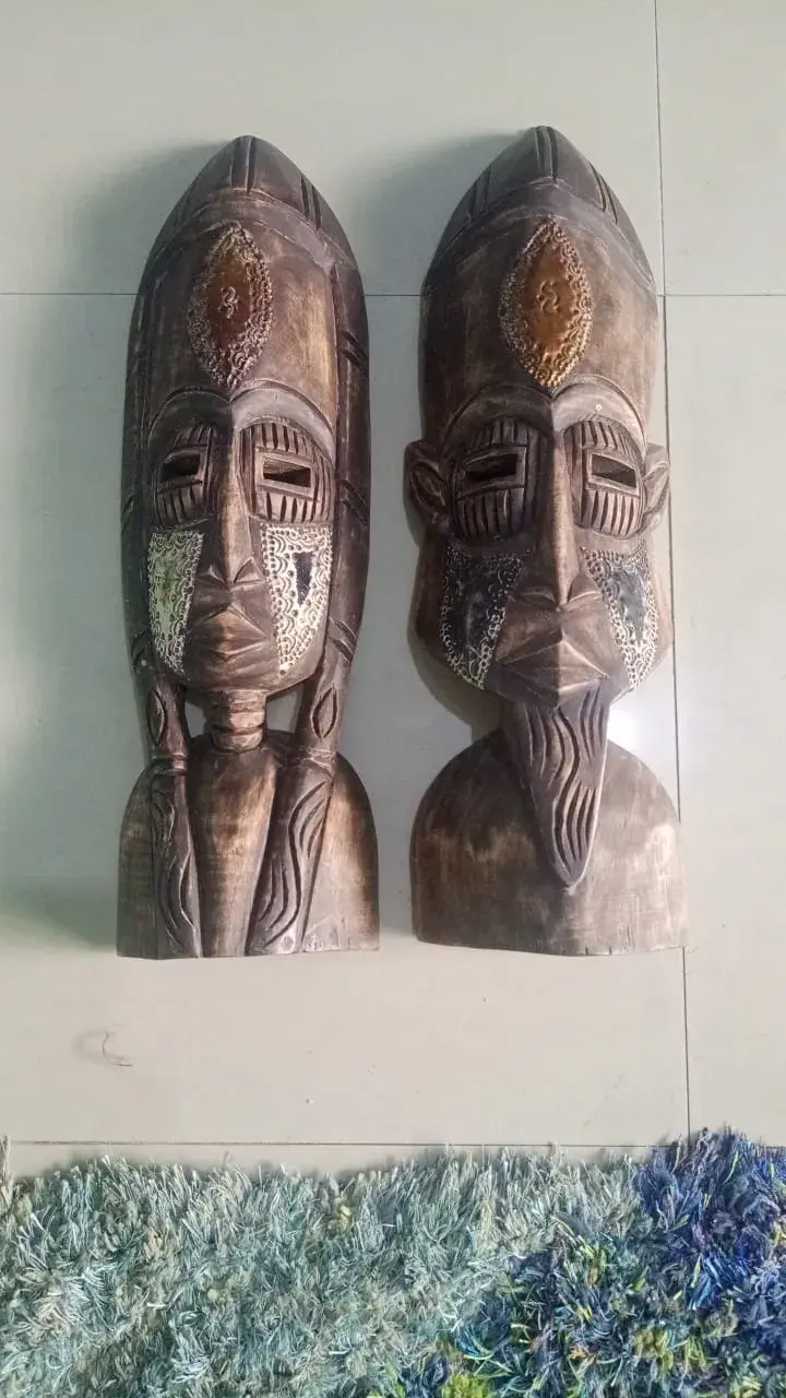 Male and Female Wall Mask Pair, Carved Sese Wood, Ghana