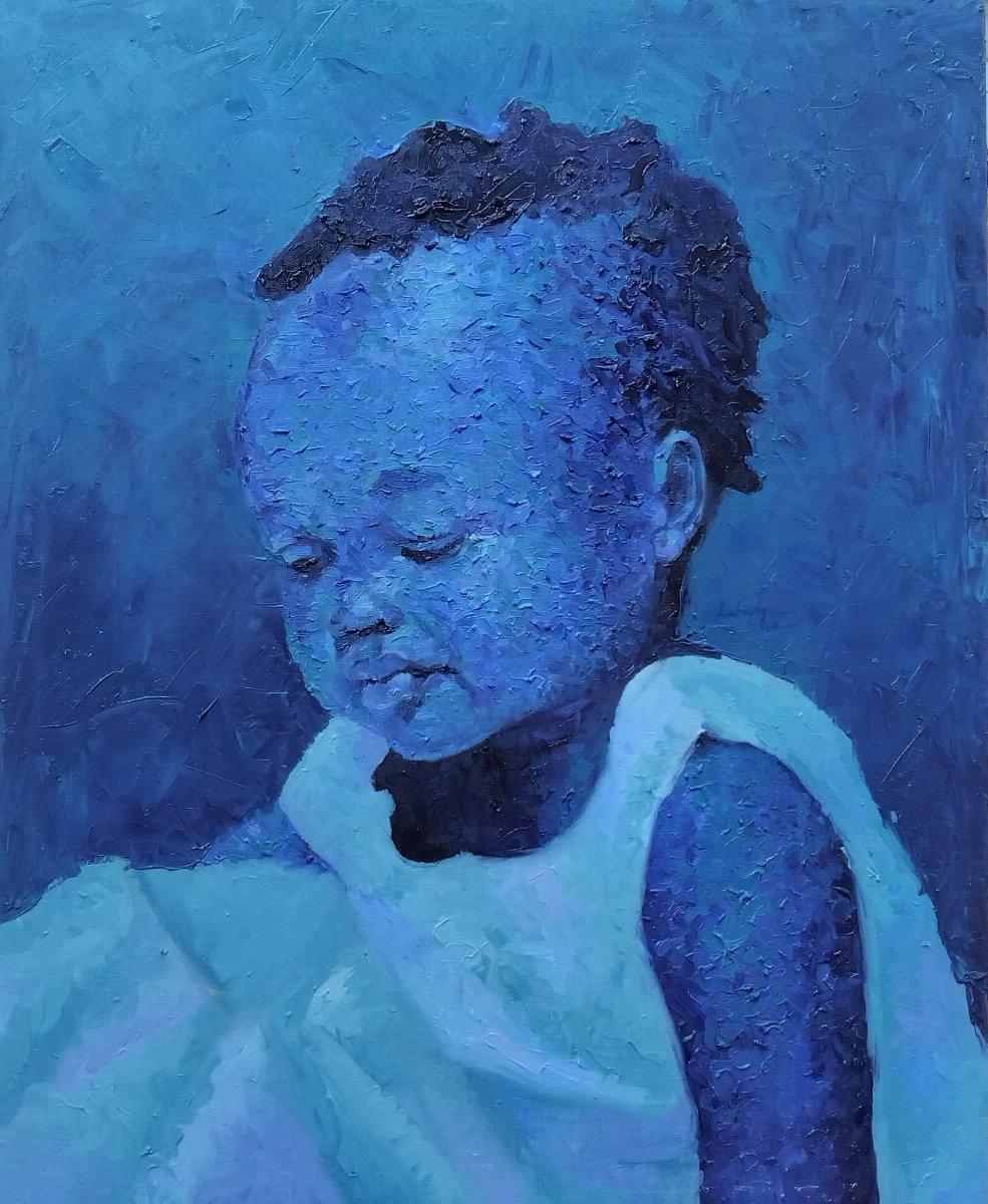 Girl in Blue – Original African Oil Painting on Canvas (76 x 60 cm) | Contemporary Portrait Art