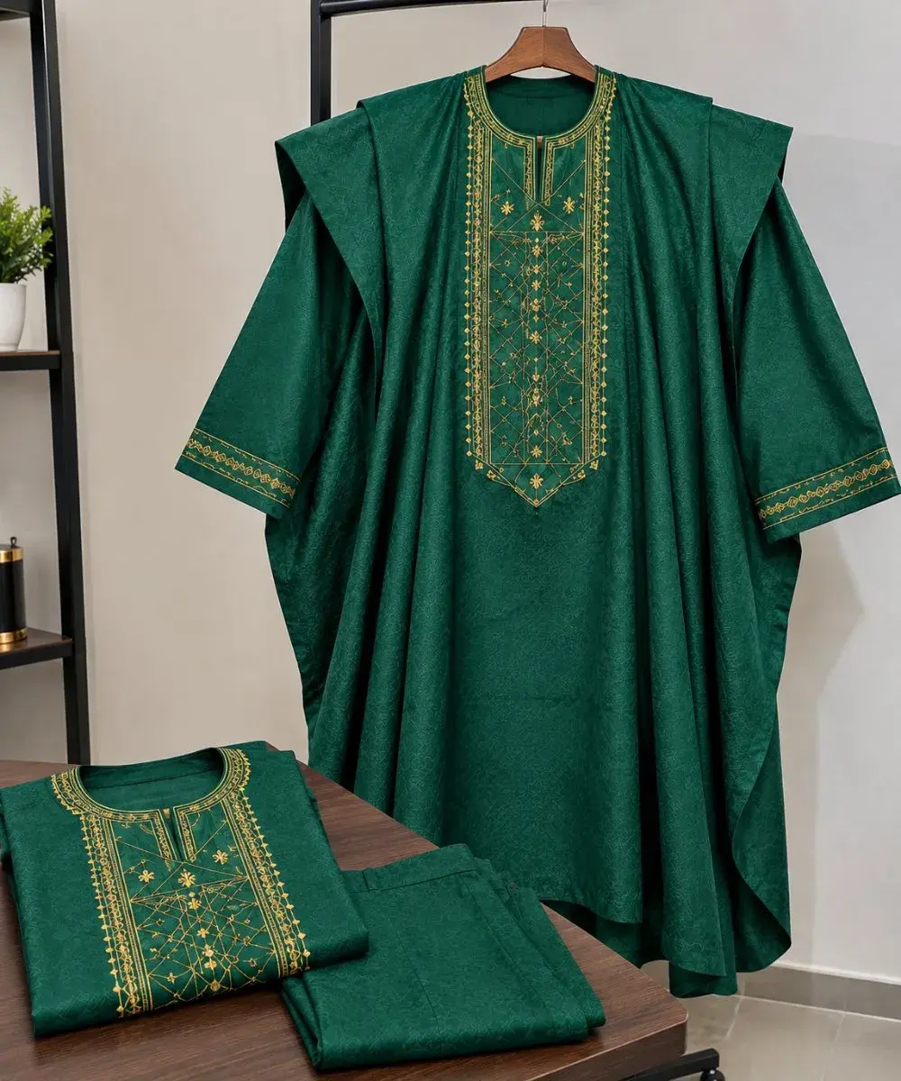 Agbada Three Piece Set, Emerald Green and Gold, Men's