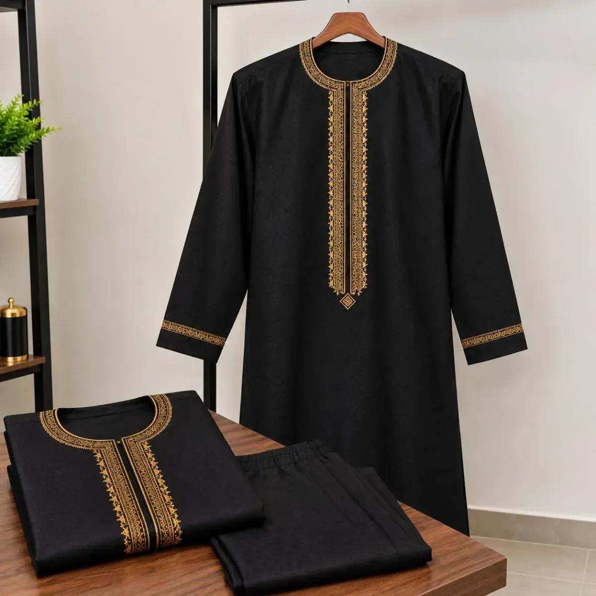 Senator Kaftan and Trouser Set, Black and Gold Embroidery