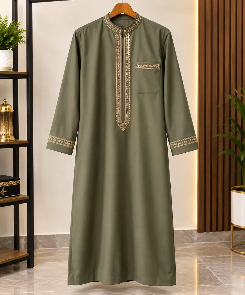Haramain Collar Jalabia, Olive Green with Gold Embroidery
