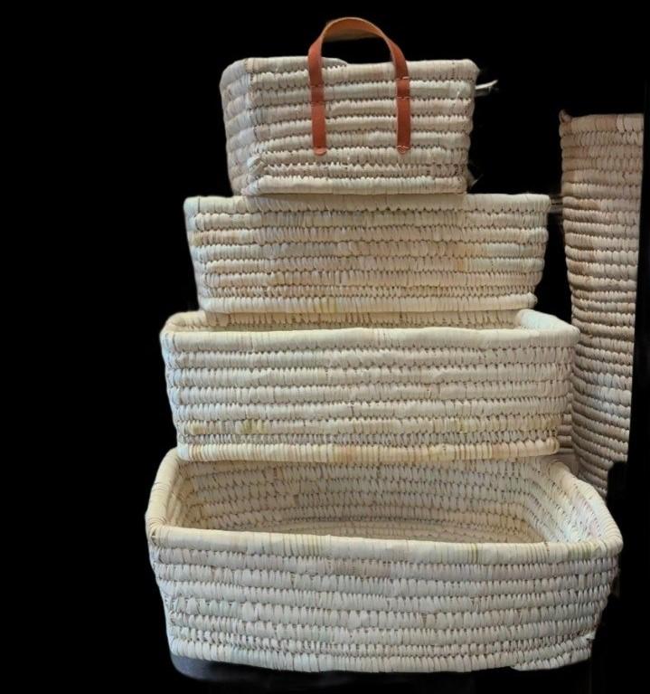Handwoven Ethiopian Small Basket with Leather Handles for Serving