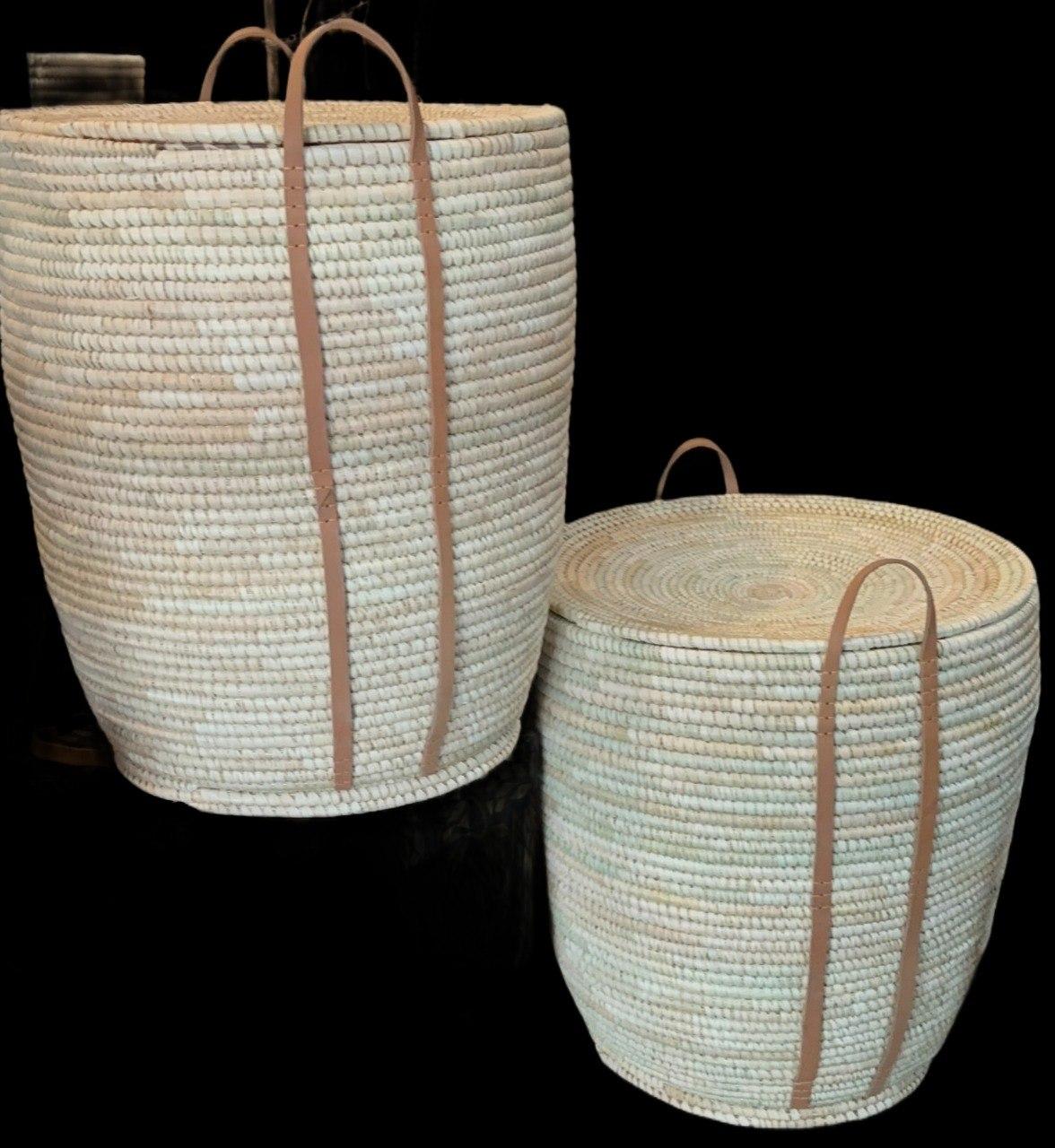 Large Handwoven Ethiopian Basket with Lid and Leather Handle for Laundry and Home Decor