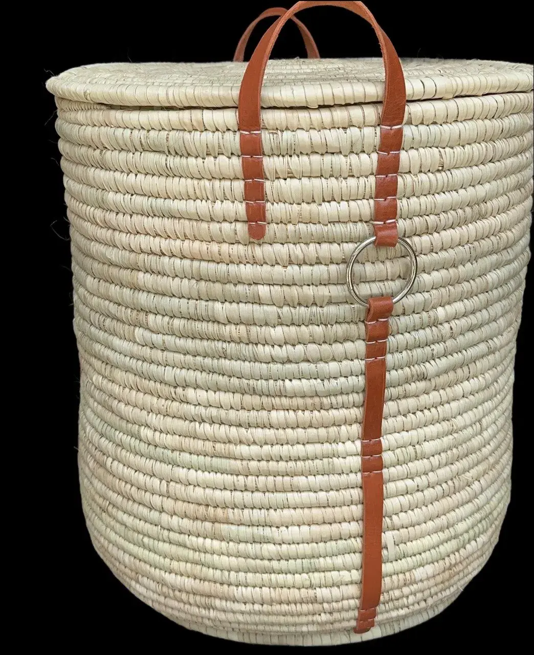Handwoven Ethiopian Basket with Tied Leather Handles for Storage and Decor