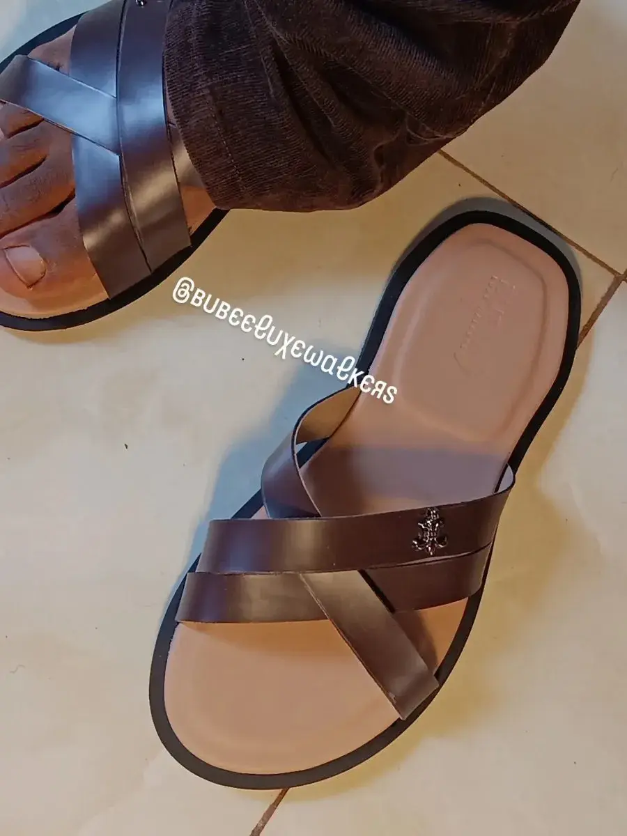 Brown Leather Cross Strap Slides, Handmade in Nigeria
