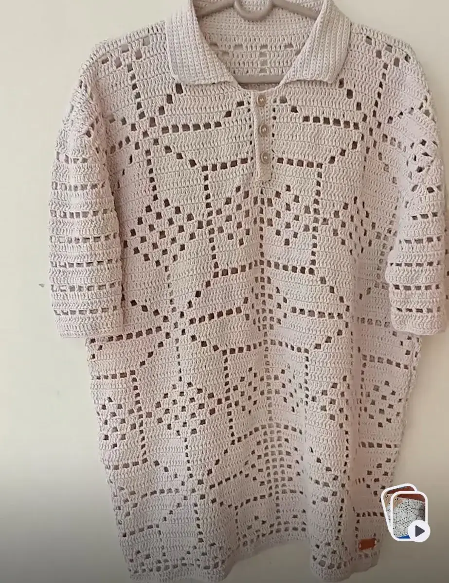 Men's Filet Crochet Polo Shirt, Cream, Handmade Cotton