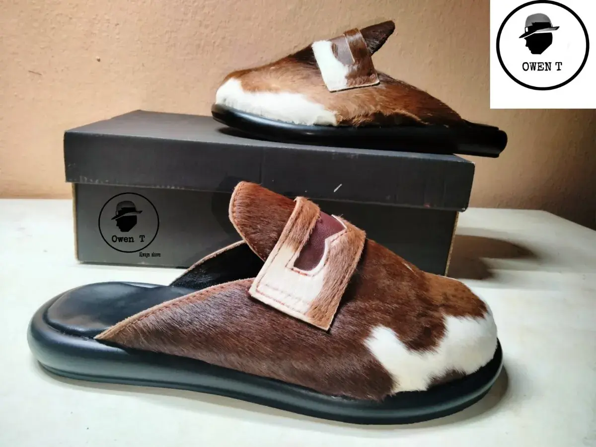 Handmade Leather Mules for Men - Brown Hair On Hide Backless Loafers