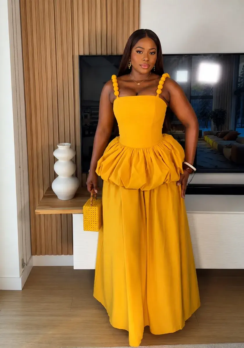 Mustard Yellow Beaded Strap Peplum Maxi Dress, Made to Measure