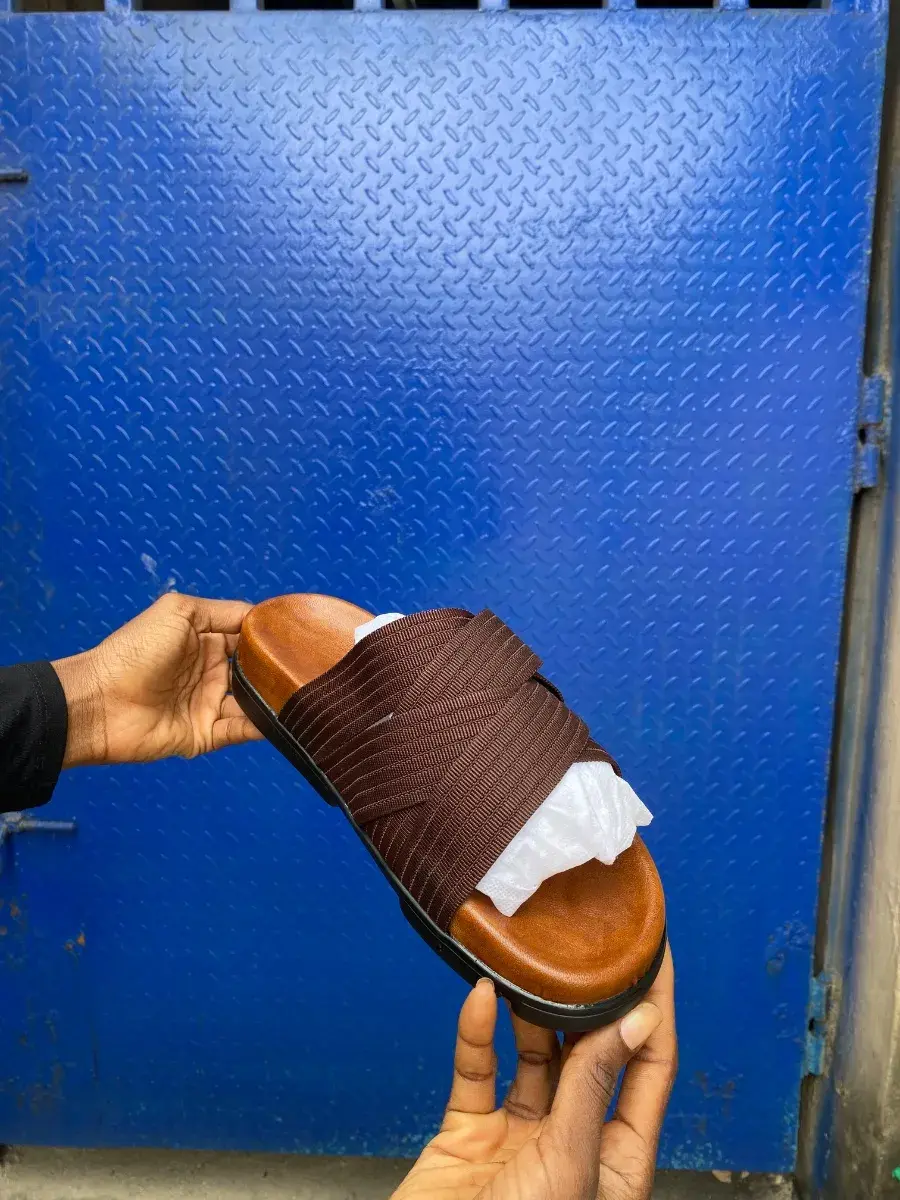 Men's Crossover Strap Slides, Brown and Tan, Handmade