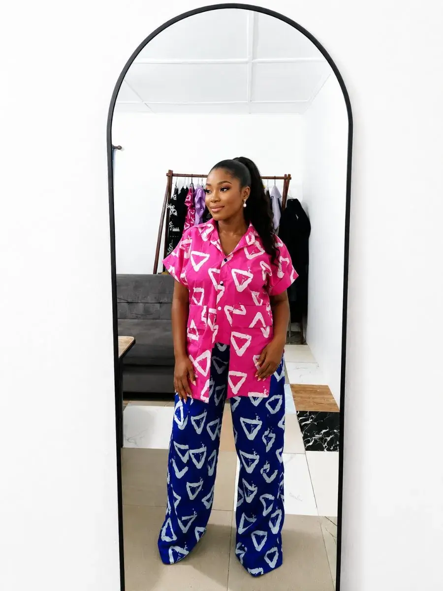 Pink Heart Print Ankara Two Piece Set - Shirt & Wide Leg Trousers