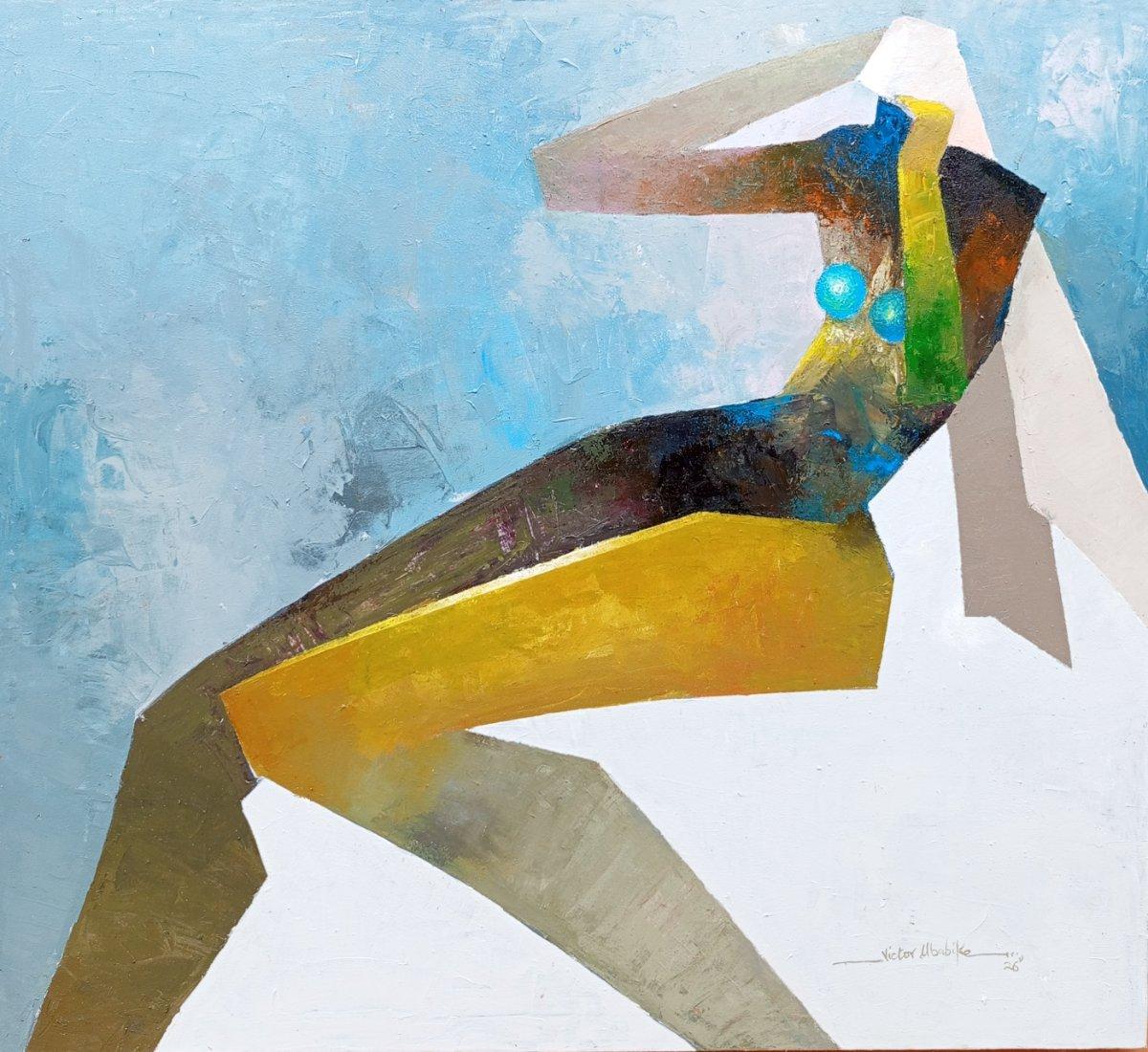 Wrapped in thought – Original Geometric Figurative Acrylic Portrait on Canvas by Victor Ubabike | African Contemporary Art