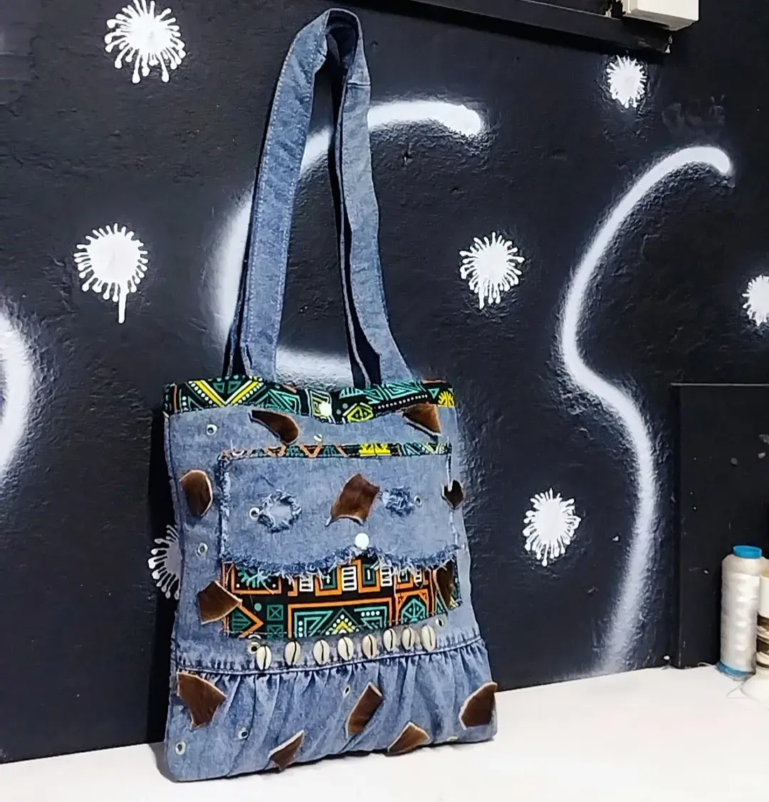 Upcycled Denim Tote Bag, Ankara and Cowrie, Handmade