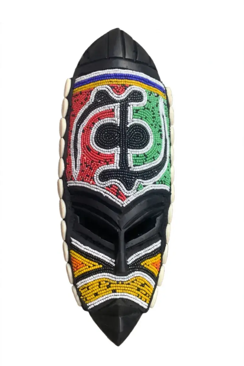 Gye Nyame Adinkra Beaded Wall Mask, Red and Green