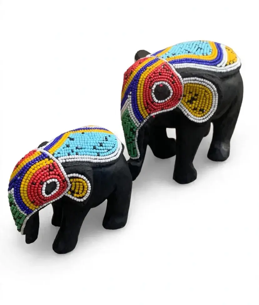 Beaded Elephants, Mother and Child Set, Ghana Wood