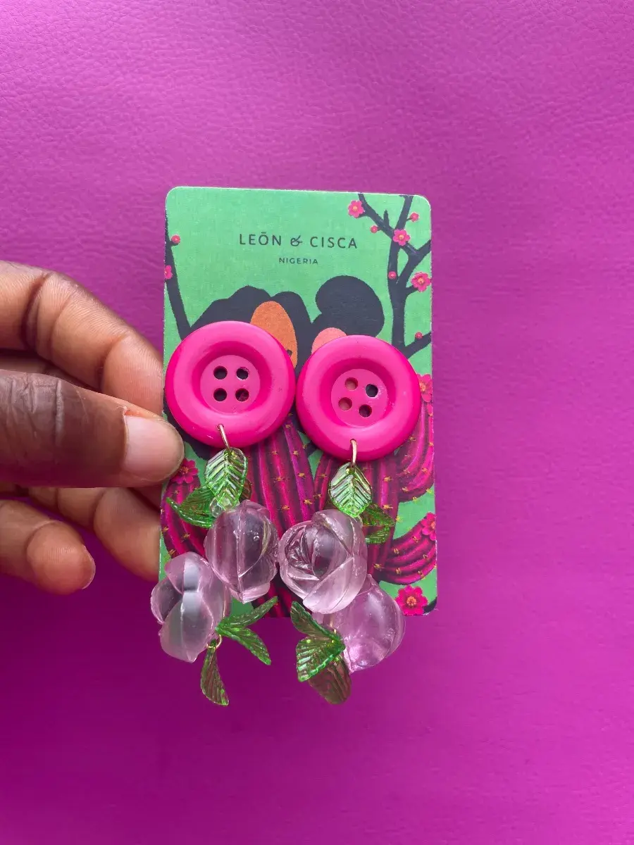 Fuchsia Button and Rose Drop Earrings, Handmade