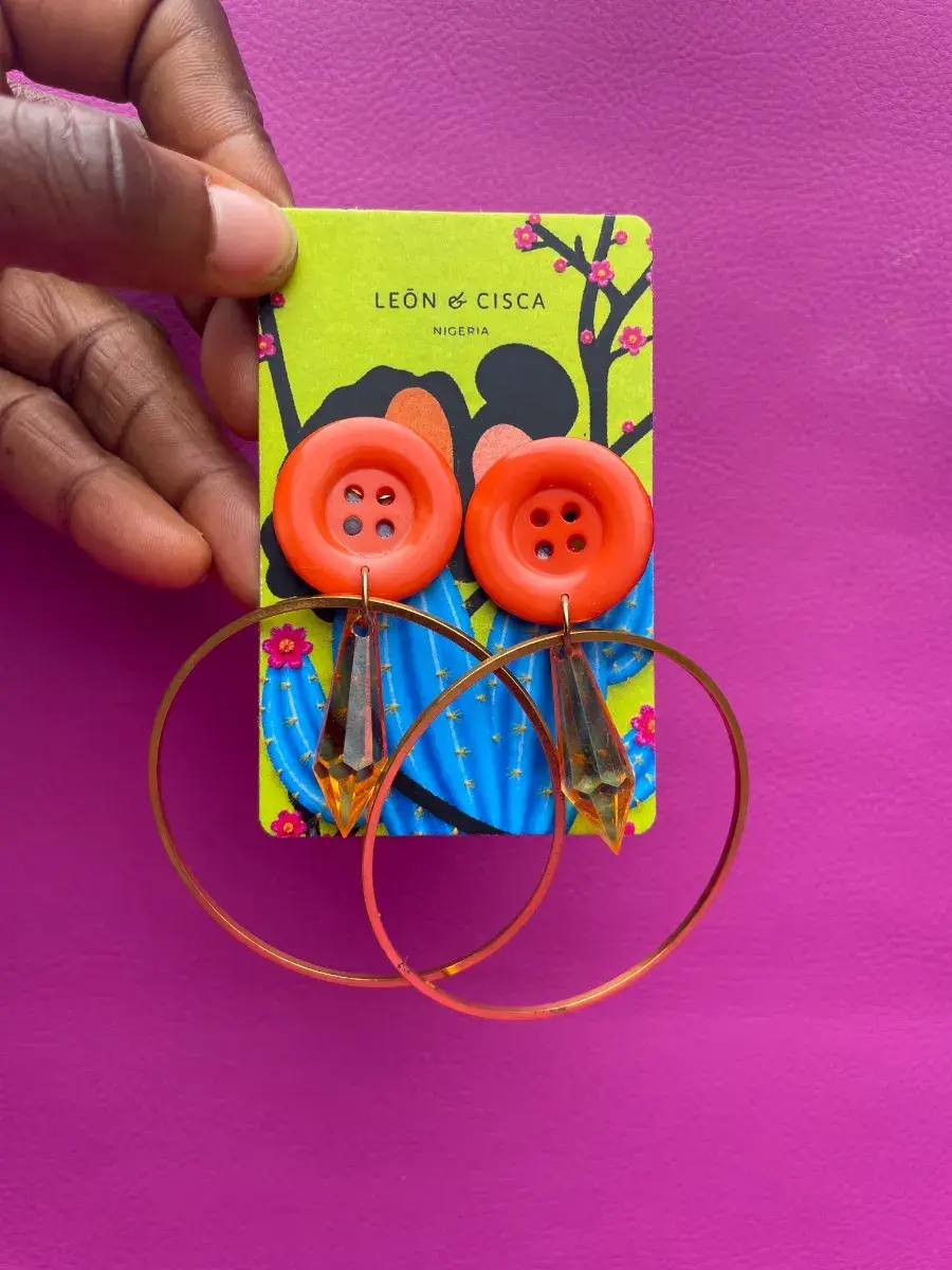 Orange Button Hoop Earrings, Amber Drop, Handmade