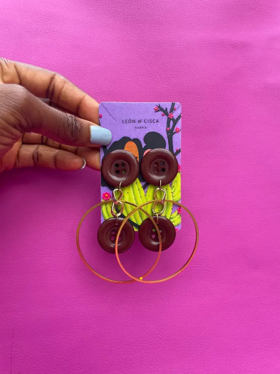 Coffee Brown Button and Gold Hoop Earrings, Handmade