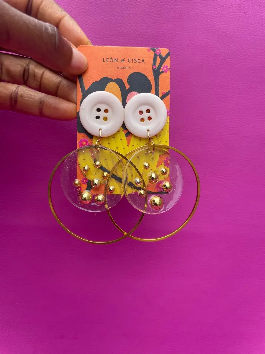 Off White Button and Gold Hoop Earrings, Resin Drop