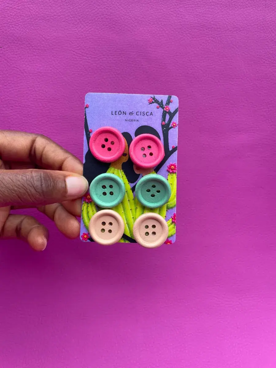 EHC Wooden Button Stud Earrings, Pink, Green or Beige