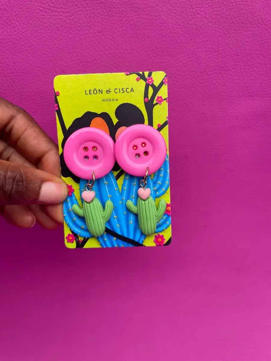 EHC Pink Button and Cactus Charm Drop Earrings, Handmade