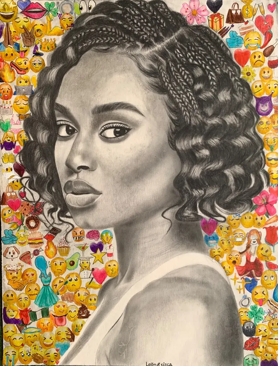 Sensational | Original Charcoal Portrait with Emoji Art