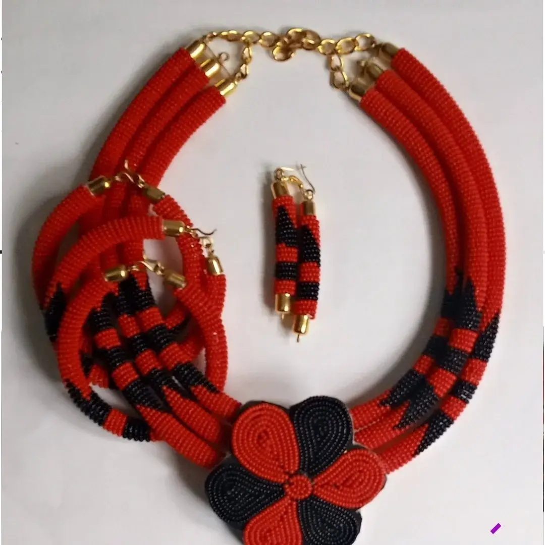 African Beaded Statement Necklace & Earrings Set - Red and Black