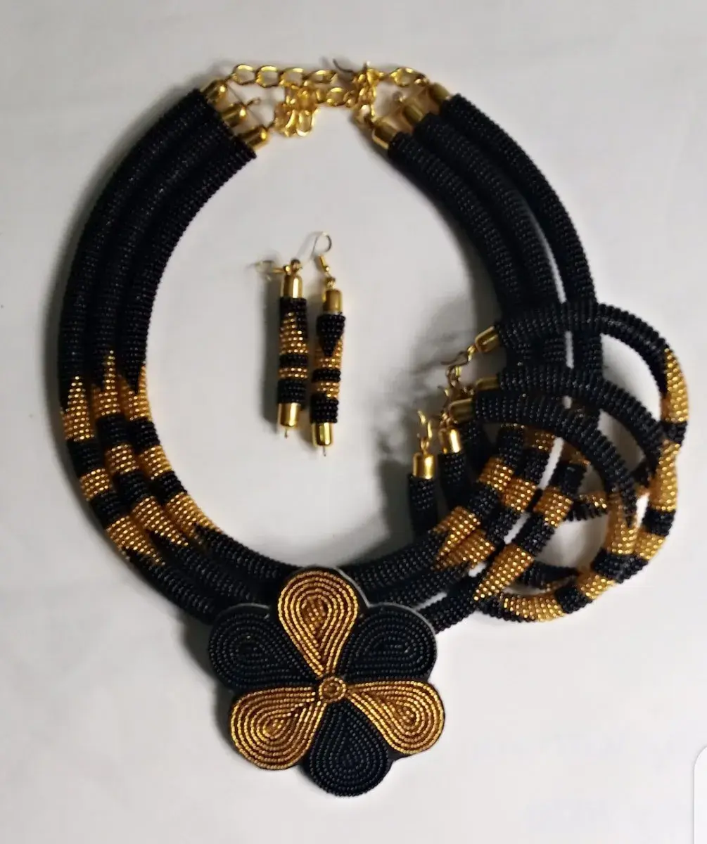 Black & Gold Beaded Necklace Set - African Statement Jewellery