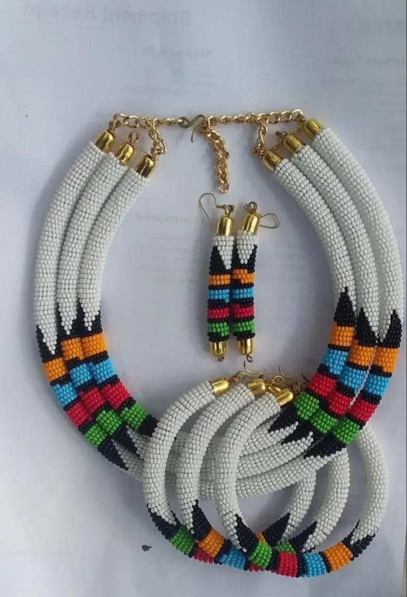 White Beaded Necklace, Bracelet & Earrings Set - Handmade African