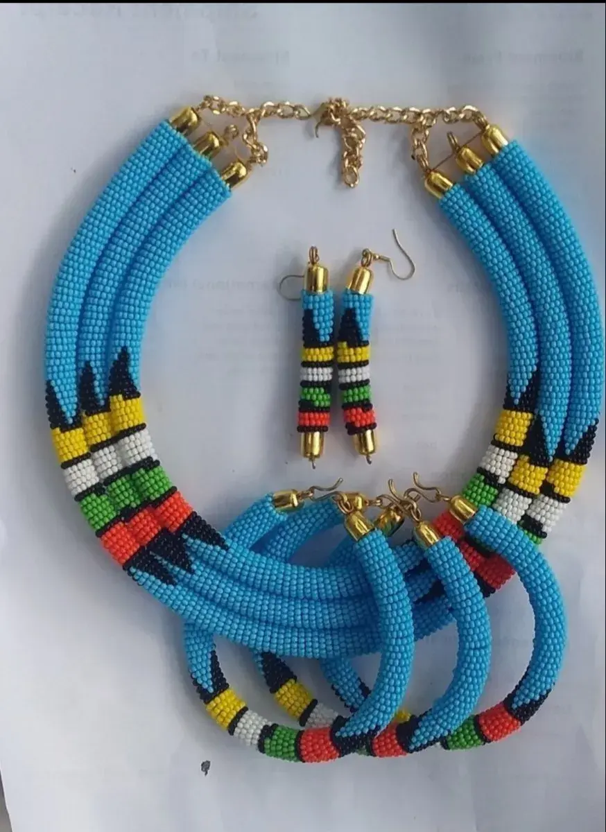 Blue Maasai Beaded Necklace, Bracelet & Earrings Set