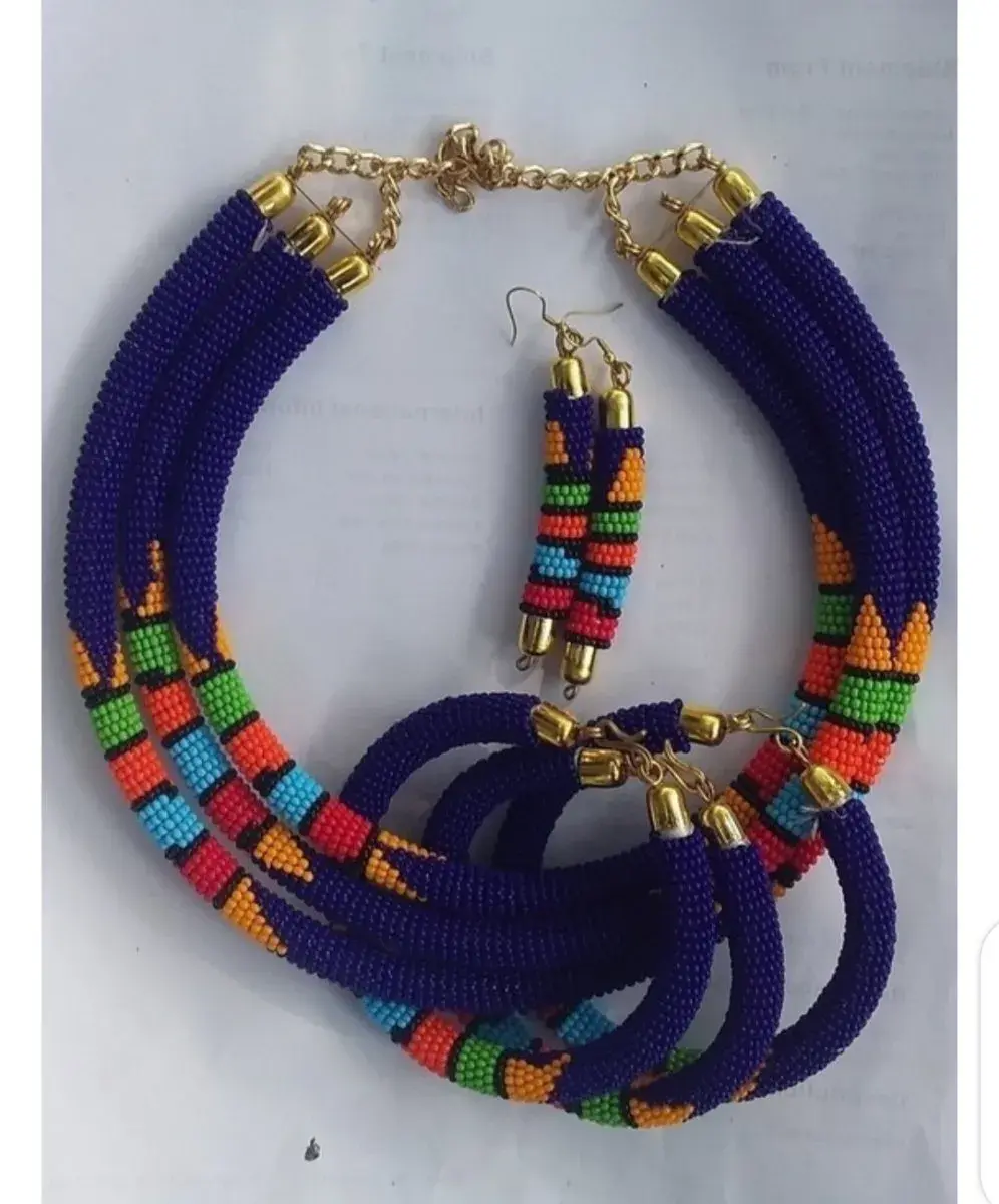 Navy Blue Maasai Beaded Necklace, Bracelets & Earrings Set