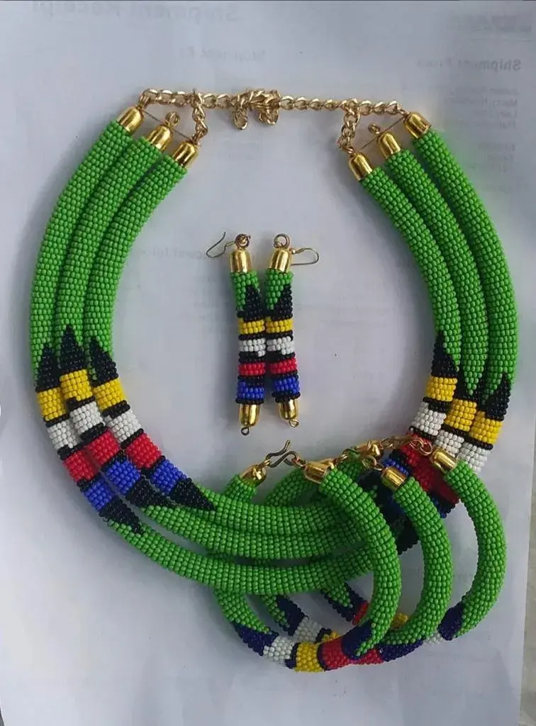 Green Maasai Beaded Necklace, Bracelets & Earrings Set