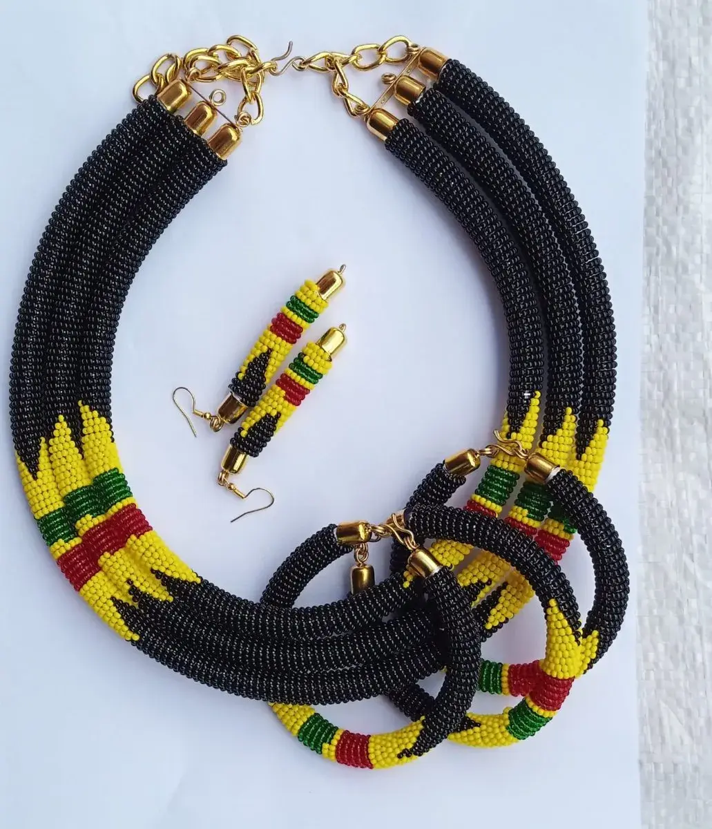 African Rasta Beaded Necklace, Bracelets & Earrings Set
