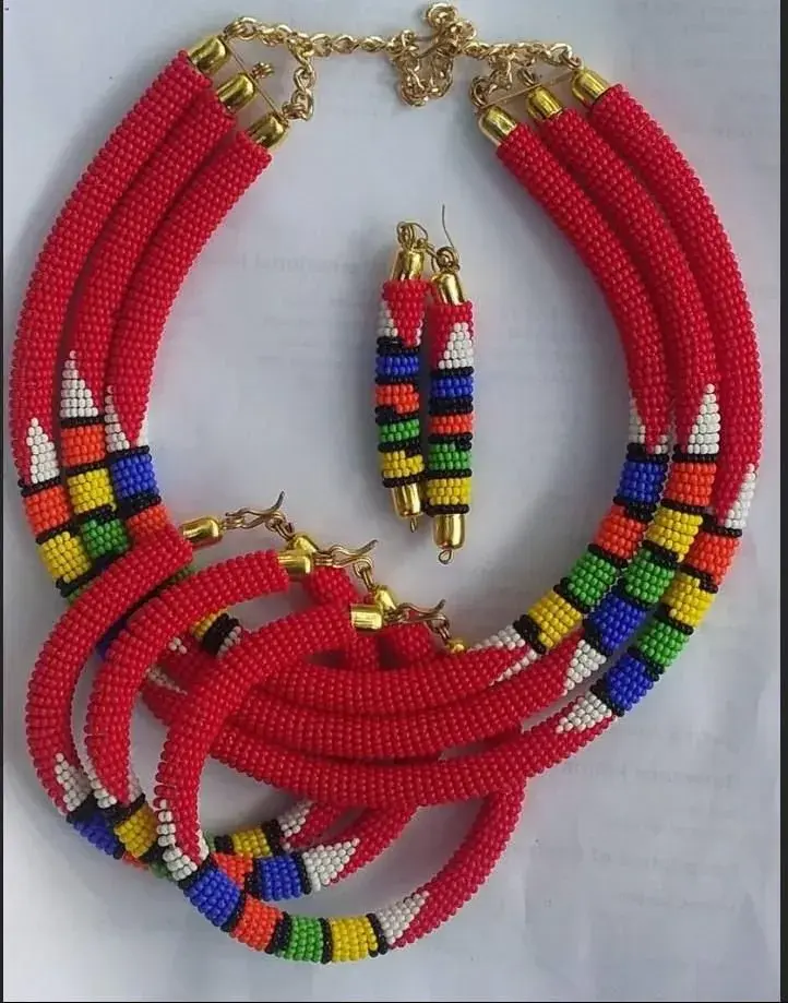 Red Maasai Beaded Necklace, Bracelets & Earrings Set