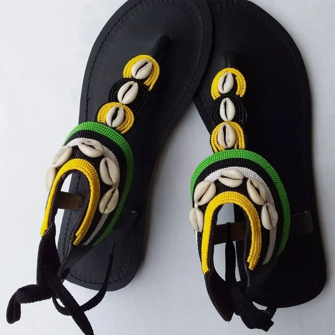Cowrie Shell T Strap Sandals, Yellow, Green and Black