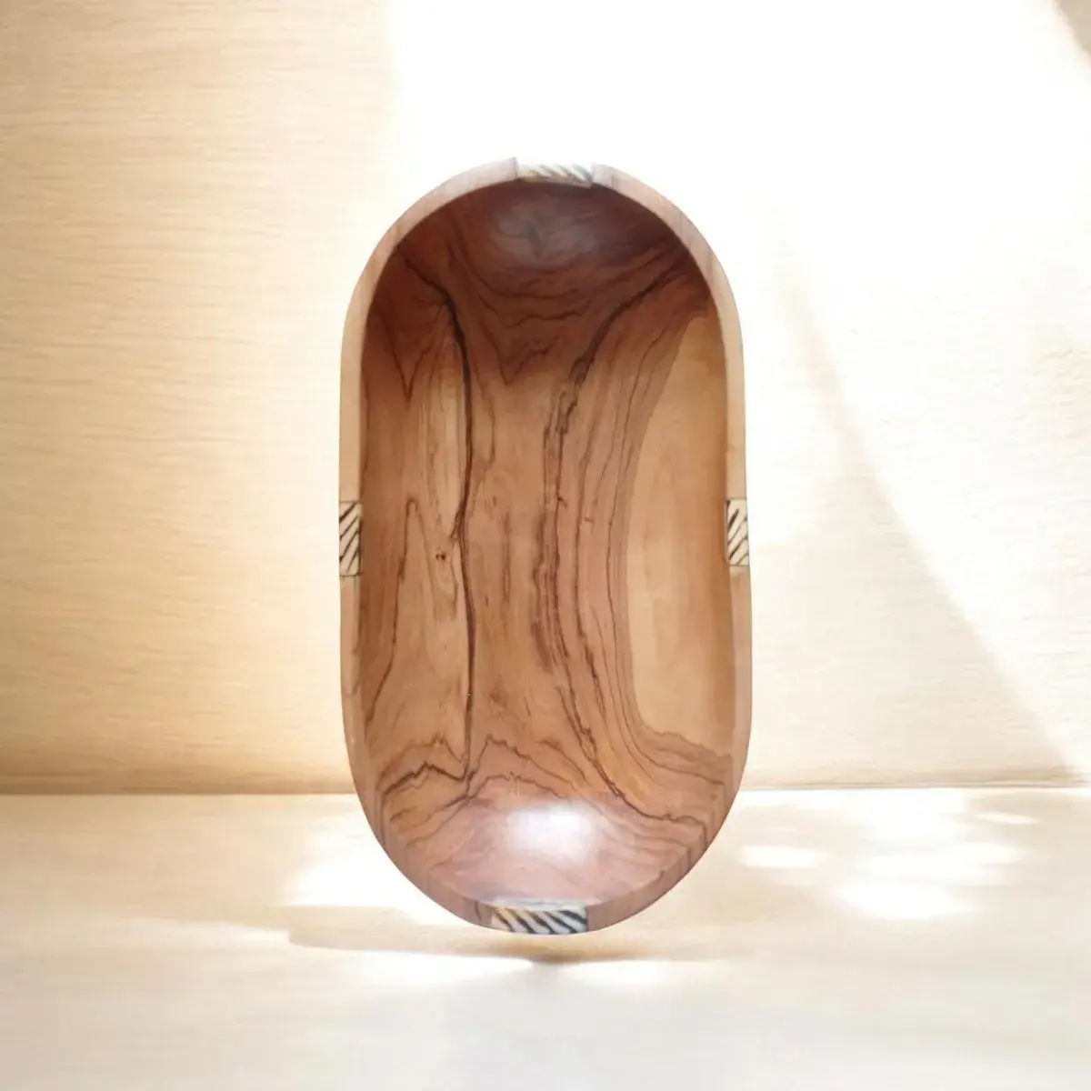 Olive Wood Boat Bowl, Bone Inlay