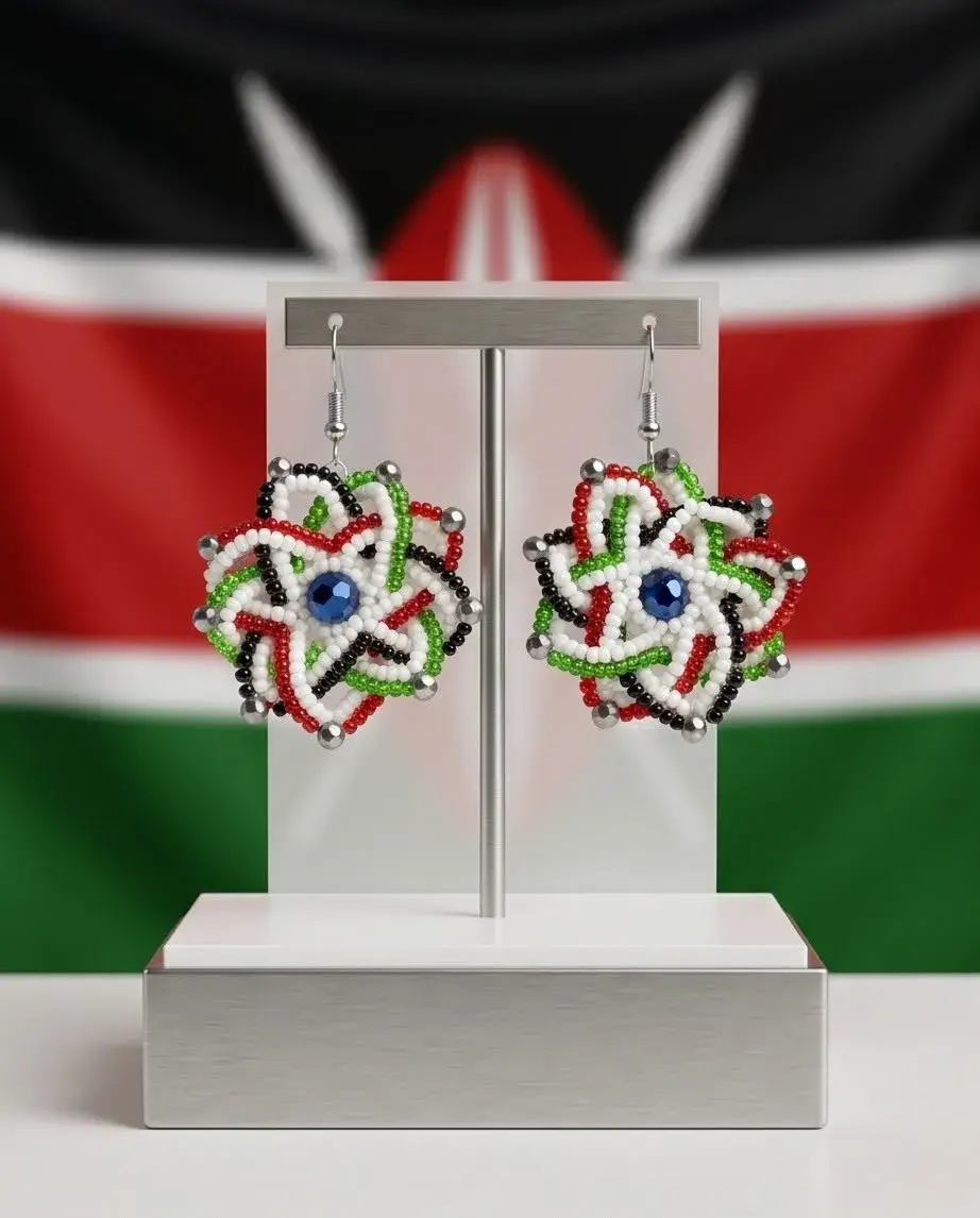 Beaded Flower Earrings, Kenyan Flag Colours, Handmade