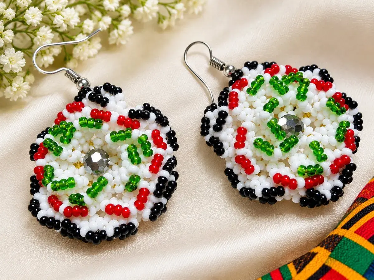 Amani Beaded Flower Earrings, Kenya Flag Colours, 4cm