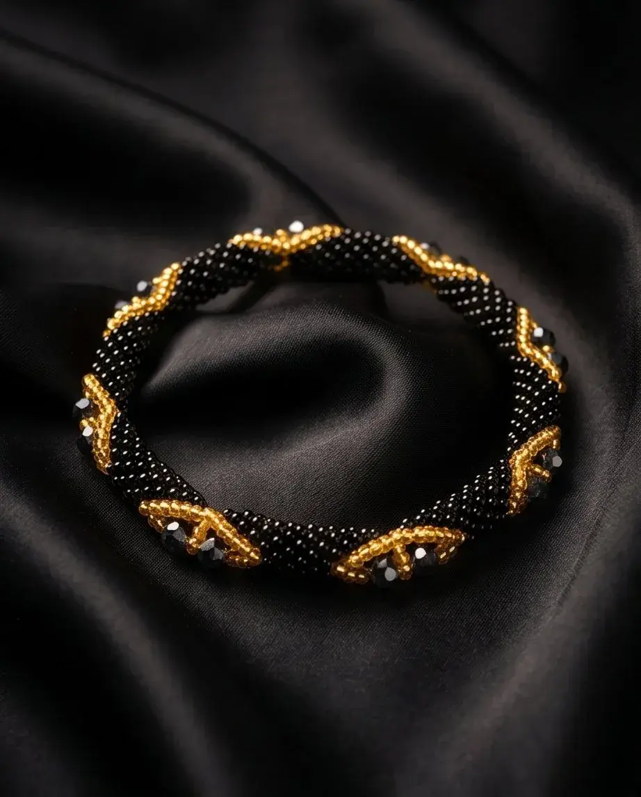 Dhahabu Beaded Bangle, Black and Gold, Handmade Kenya
