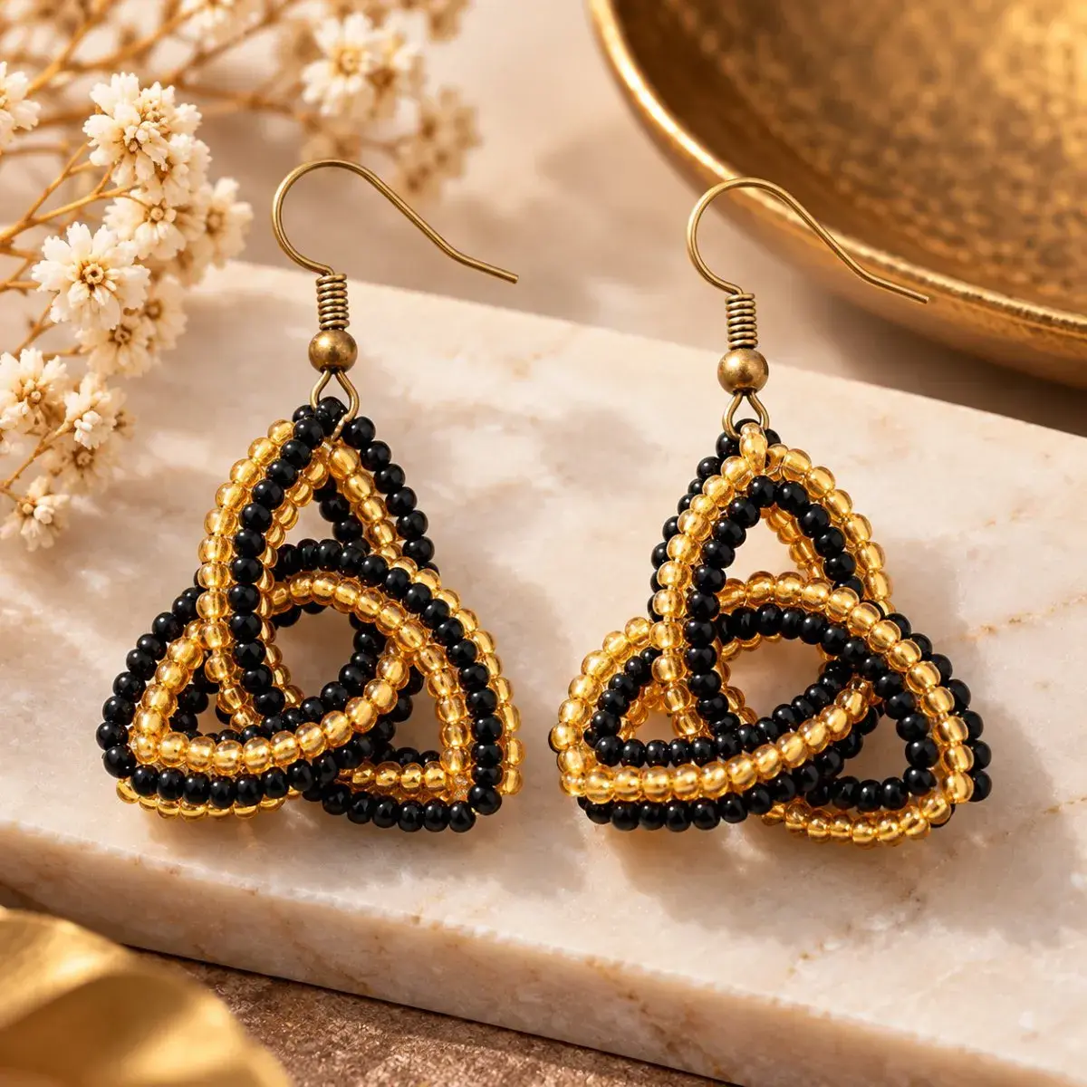Zuri Knot Beaded Earrings, Black and Gold, Handmade