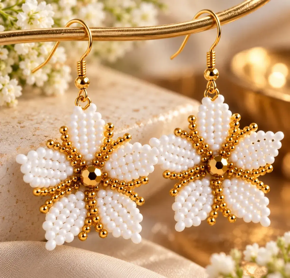 Nuru Bloom Beaded Earrings, White and Gold, Handmade