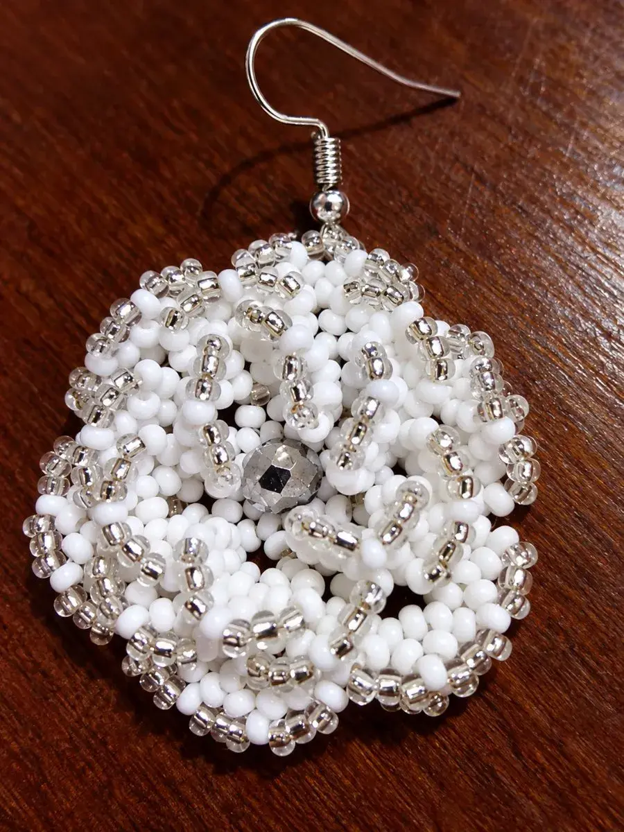 Neema Beaded Flower Earrings, White and Silver, Handmade