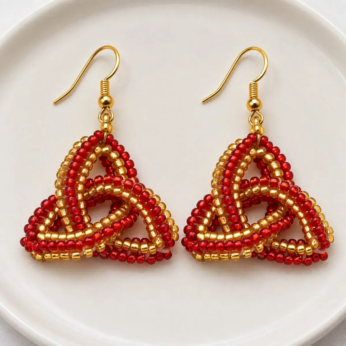 Knot Beaded Drop Earrings, Red and Gold, Handmade Kenya