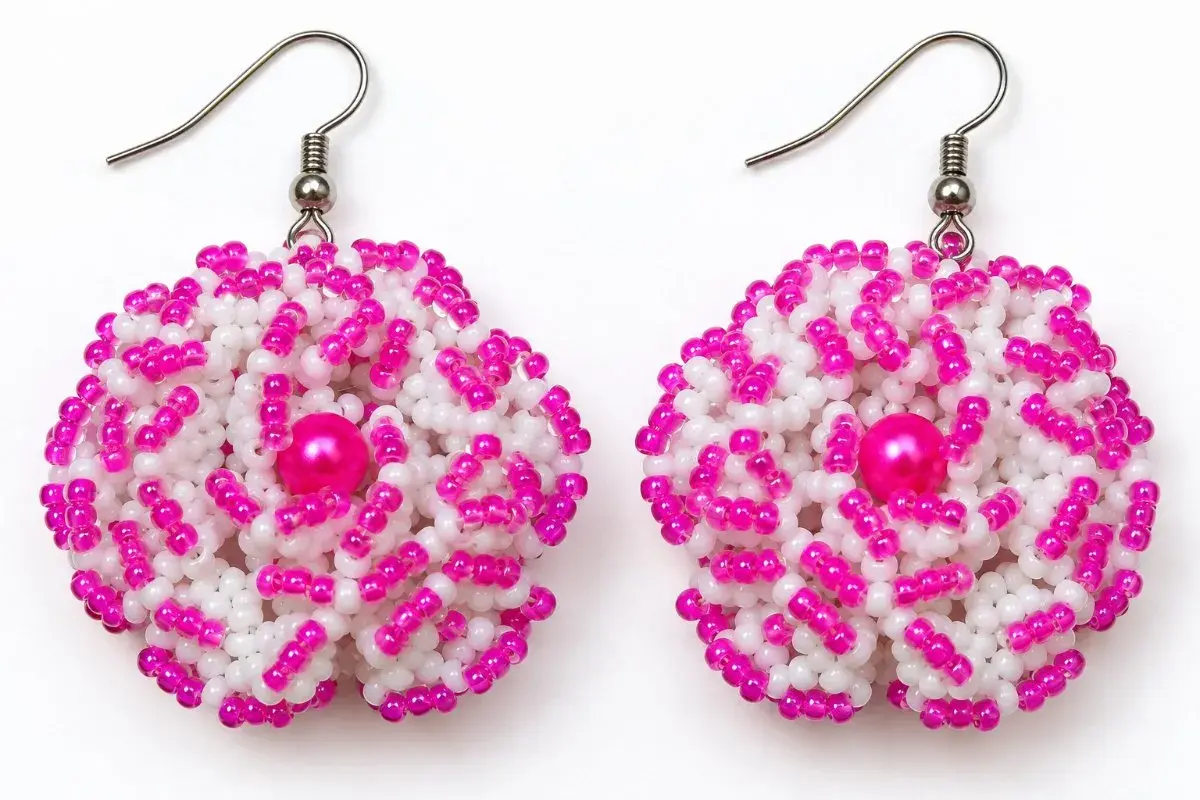 Waridi Beaded Flower Earrings, Pink and White, Handmade