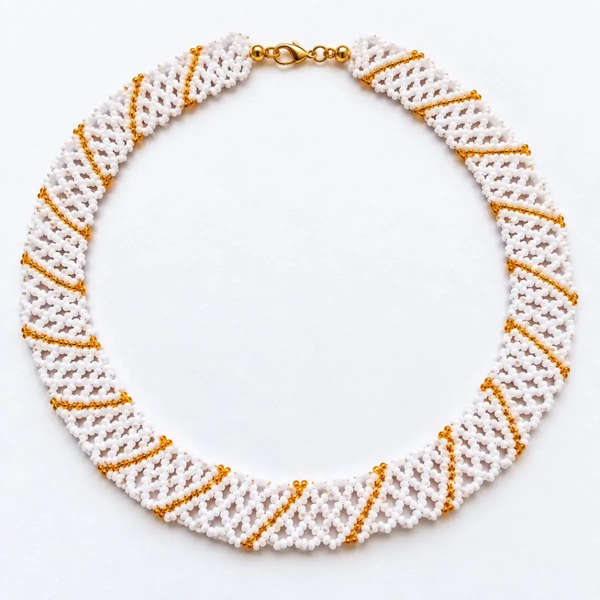 Nuru Beaded Collar Necklace, White and Gold, Handmade