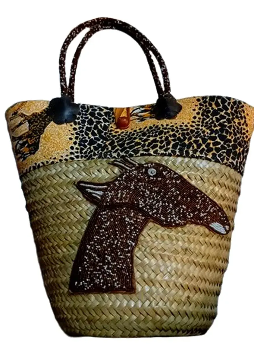 Savanna Giraffe Beaded Straw Basket Bag, 45cm