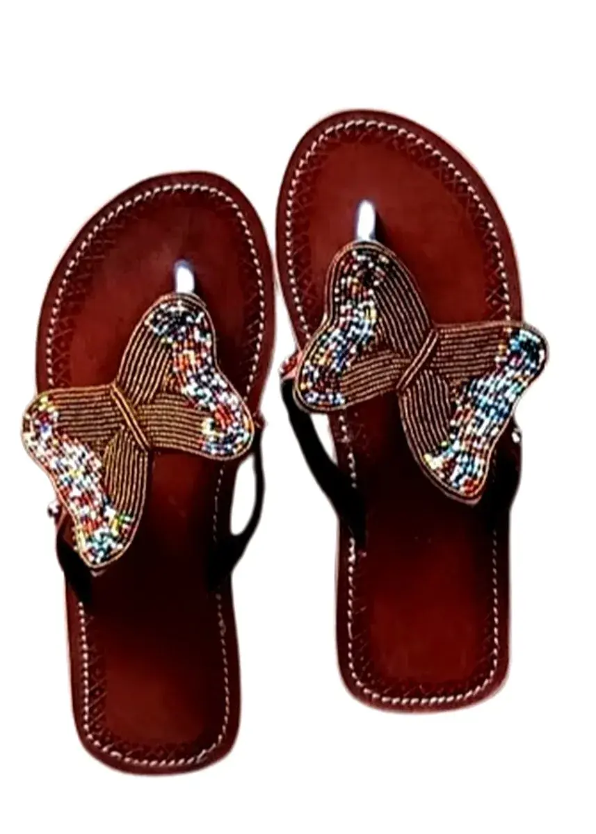 Swahili Butterfly Beaded Leather Sandals, Handmade