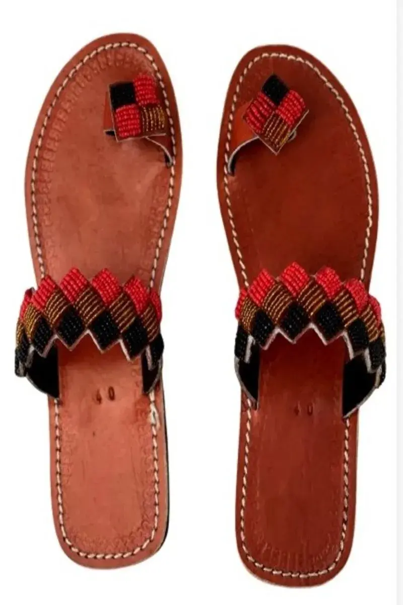 Zigzag Beaded Toe Ring Sandals, Tan Leather, Handmade