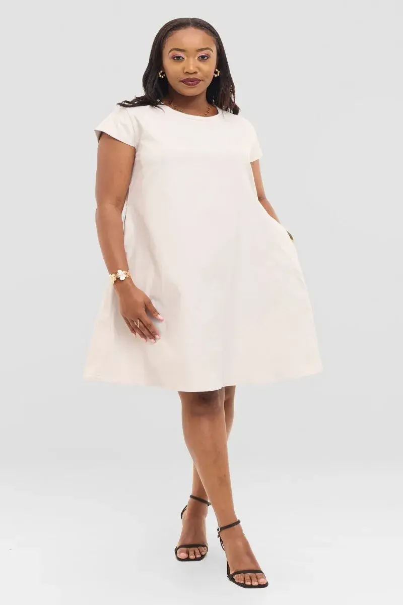 Ivory Breeze A Line Shift Dress with Pockets, Cream